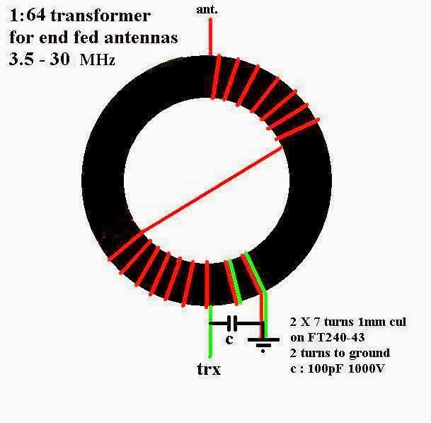 image ham radio half wave end fed antenna 1-64 Unun (transformer) drawing pd7maa