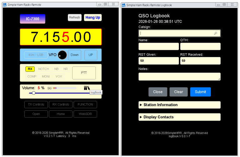 Simple Ham Radio Remote Log Book QSO POTA SOTA User Interface (UI).