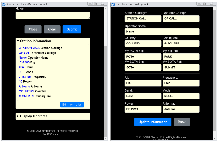 Simple Ham Radio Remote Log Book Station Information User Interface (UI).